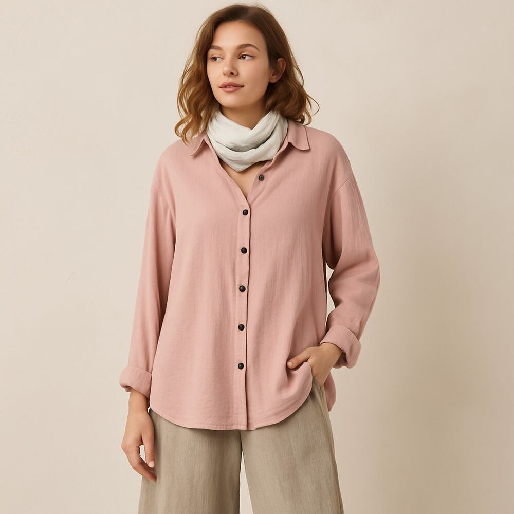 Cotton Natural Gauzy Pink Button Down Shirt‎ Sz Lrg Lagenlook Natural Fibers Eco